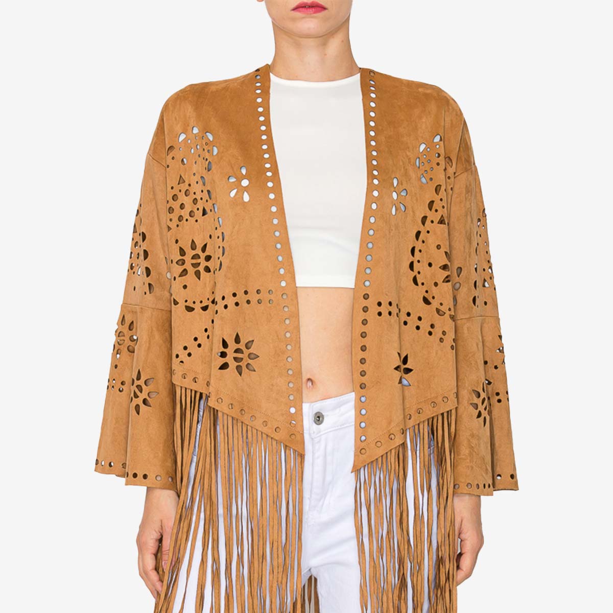 Vegan Suede Laser Cut Fringe Jacket in Camel image number 1