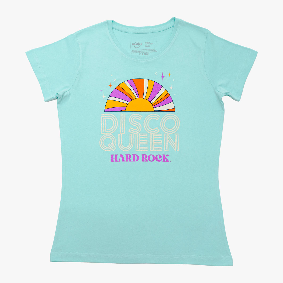 Disco Queen Ladies Fit Tee in Aqua Blue with Spectrum Design image number 6