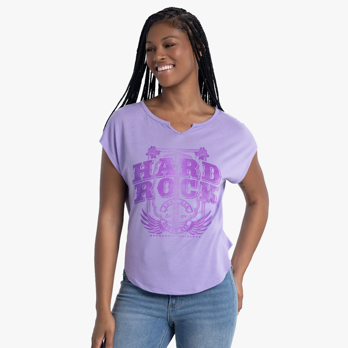 Women's Fit Cross Guitars Dreamboat V-Neck Tee in Iris Purple image number 1