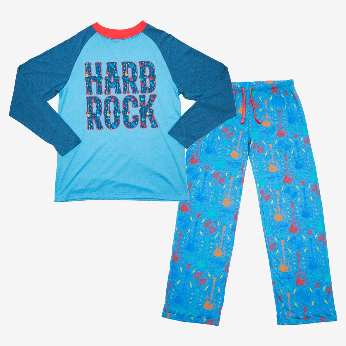 Cozy Holiday Mens Pajama Set in Blue Guitars Print image number 1