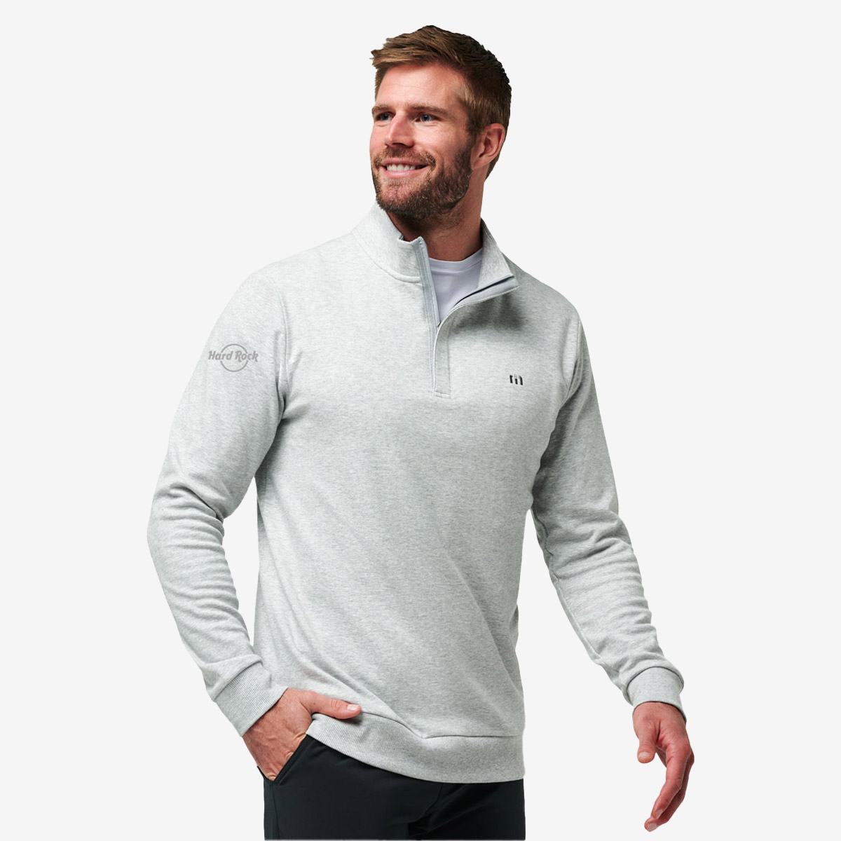 Travis Mathew x Hard Rock Cloud Quarter Zip Pullover Fleece in Light Grey image number 1