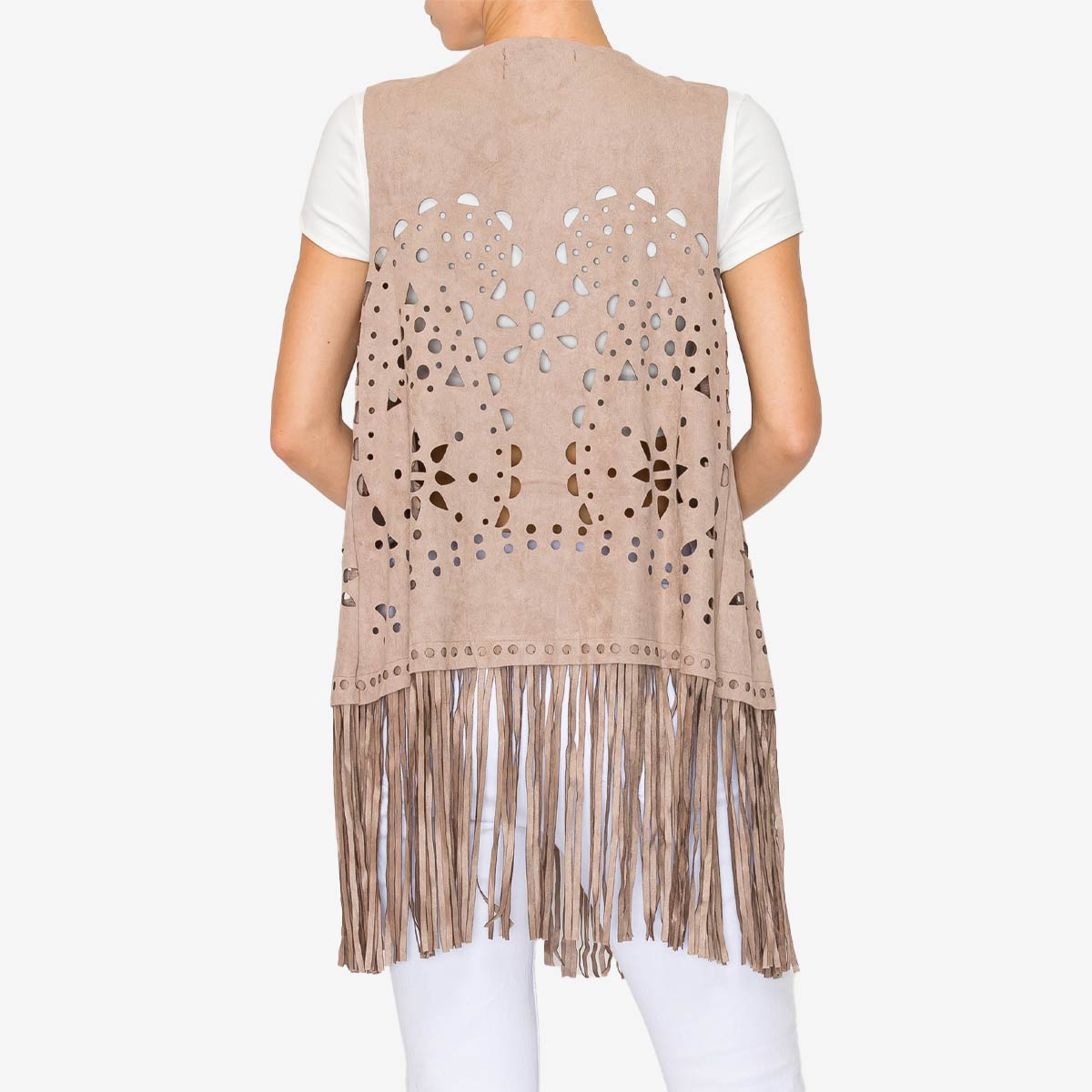 Vegan Suede Laser Cut Fringe Vest in Taupe image number 3