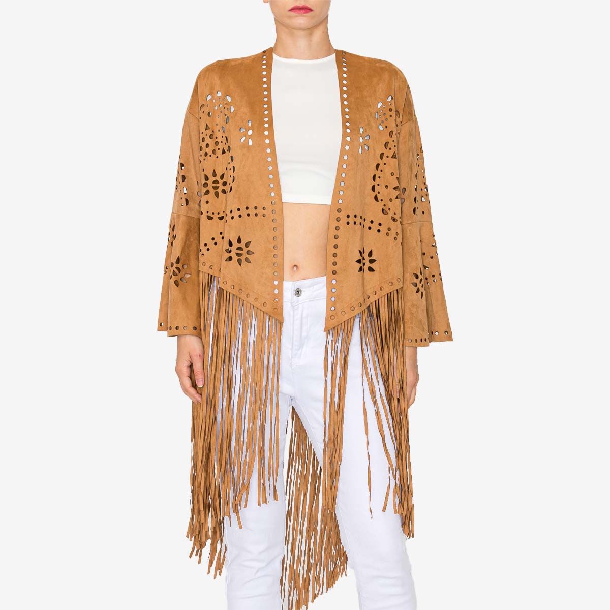 Vegan Suede Laser Cut Fringe Jacket in Camel image number 2