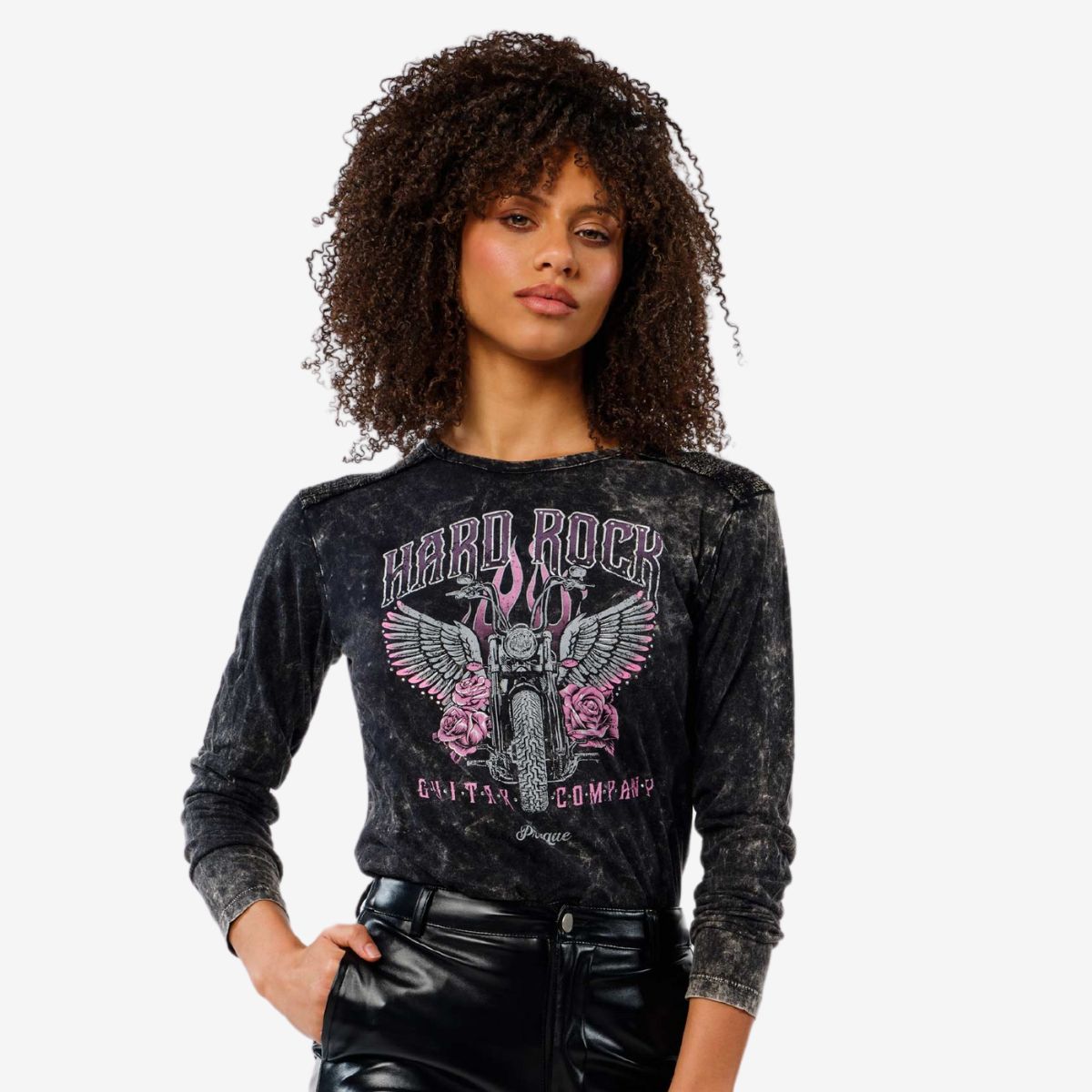 Ladies fit Long Sleeve Tee with Bling Motorcycle Design in Black image number 1